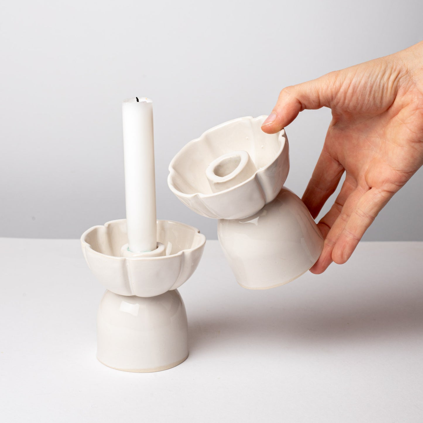 2 Grands Bougeoirs Fleur Blanc